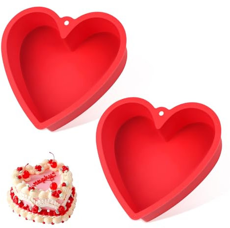 QEEYON Silicone Heart Shaped Cake Tin, 2 Pcs 8 Inch Love Cake Moulds, Cake Baking Pan BPA Free, Non Stick Silicone Heart Baking Tin Baking Tray for Cake Cheesecake Chiffon Puddings Bread(Red)