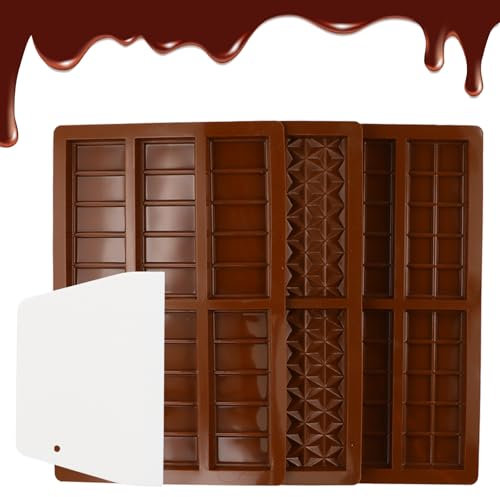 Dewocke 3 Piece Silicone Chocolate Moulds Set, Deep Chocolate Bar Moulds with Spatula and 100pcs Bags, Non-Stick Silicone Molds for Chocolate, Sweets and Candies