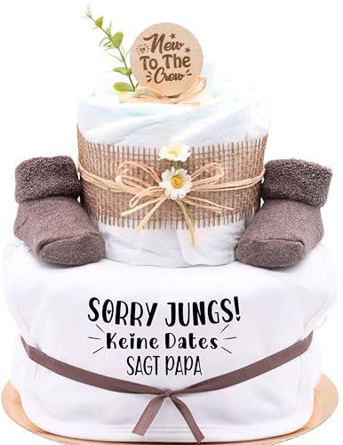 Trend Mama | Windeltorte | Nature Design | Lätzchen, Kuschelsocken |Geschenk Geburt (Design| Sorry Jungs keine Dates sagt Papa)