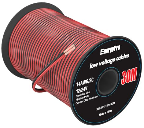 EnergyPro 14AWG 2mm² Electrical Wire 30m (15 Red + 15 Black) - 12V/24V DC Hookup Cable, CCA Stranded Low Voltage Wire for LED Strip, Automotive, Boat, Solar Panel