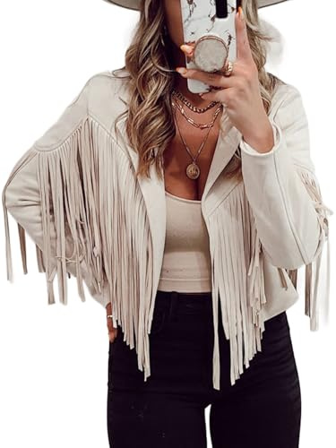 Bibowa Faux Leather Jackets For Women Trendy Cowgirl Outfits Fall Western Fringe Cropped Jacket 2026 Tassel Motorcycle Crop Coats Winter Beige M