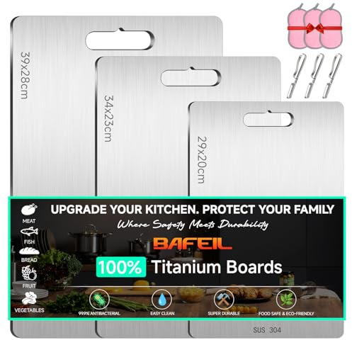 Bafeil 3 Stück Titan Schneidebrett Edelstahl Schneidebrett Set, Titanium Cutting Board Mit Schwamm und Sparschäler BPA-frei, Antibakteriell, Ideal für Küche, Fleisch, Brot Gemüse & Obst Frühstück