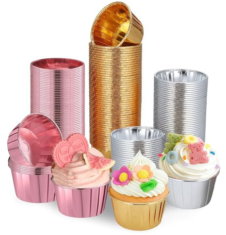 Cupcake Muffin Förmchen aus Aluminiumfolie, 150 Stück Cupcake Förmchen Papier Gold, Muffin-Einlagen Folie für Weihnachten Hochzeit Geburtstagsfeier (Gold, Silber, Rosa)