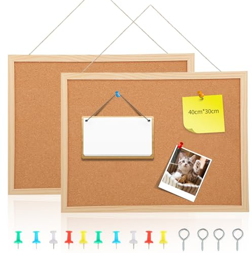 2 Stück Pinnwand Kork, 40x30cm Pinwand Korktafel Korkwand Pinnwand Klein Natürliche Korkplatte mit Rahmen aus Kiefernholz Korktafel mit Holzrahmen Cork Board für Büro Schule Zuhause