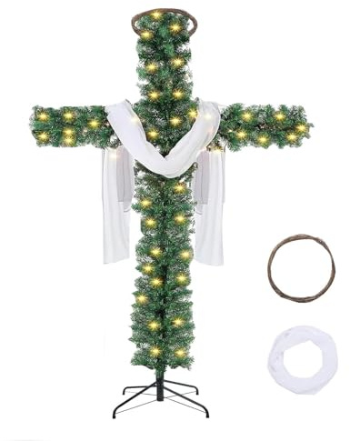 Einzigartiger beleuchteter Kreuz-Weihnachtsbaum, Faltbare künstliche Kiefer mit LED-Lichtern und dekorativem Zubehör(6ft)