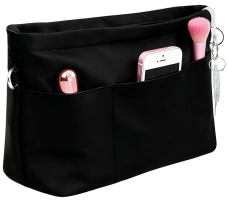 DOINEUFL Bag Organiser Insert for Tote Bags, Handbag, Backpack – 13 Pockets, Waterproof Nylon, Keychain Holder for Easy Access, Fits Longchamp & More, Trapezoid Shape Design (Black, L)