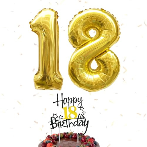 Zahlen Luftballon 18 Geburtstag Gold, XXL Folienballon 18 Gold | Happy 18th Birthday Cake Topper, Helium Ballons Zahlen 18, Deko 18. Geburtstag Luftballons Junge Mädchen