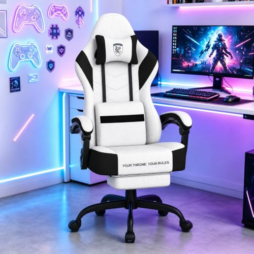 Verdego Chaise Gaming Ergonomique, Fauteuil Gaming avec Coussin Lombaire Massant, Repose-Pieds Rétractable, Accoudoirs Réglables, Polyester, Chaise Gamer Dossier Inclinable 135°, Blanc