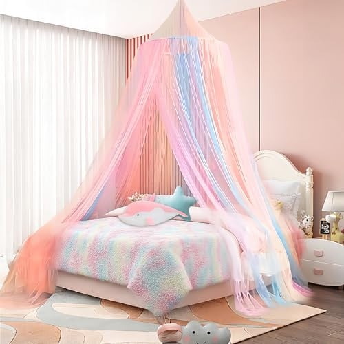 dellyy Prinzessin Regenbogen Betthimmel, (60x250x1250cm), Betthimmel Mädchen, Regenbogen Baldachin Kinderzimmer, für Mädchen Zimmerdekoration - Himmelbett Vorhänge für Kinder und Baby Bett