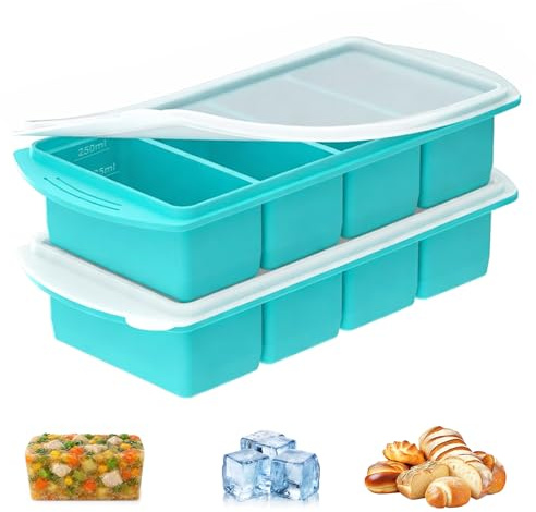 Sythrix Soup Freezer Containers, 2 Pack Silicone Freezer Mould with Lid, Large Silicone Moulds, 4-Compartment Meal Freezer Container 125ml/250ml Silicone Molds for Soup and Food Storage, Blue