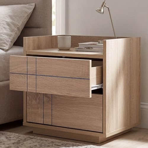 Mendler Nachttisch HWC-P44, Nachtkasten Nachtschrank Nachtkommode, 2 Schubladen MDF 43x48x41cm - Sonoma-Eiche-Optik