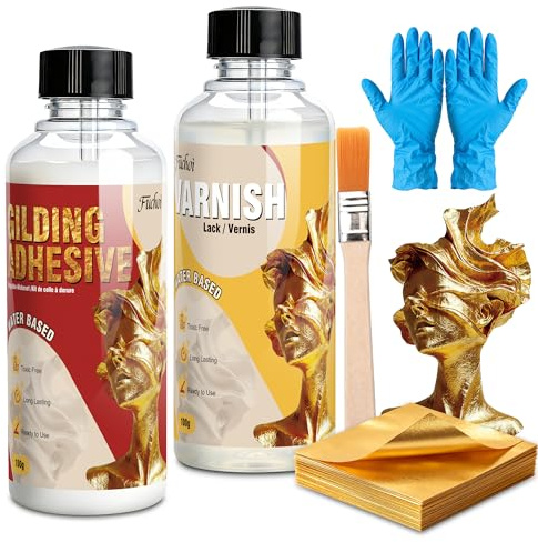 Pegamento y Barniz para Pan de Oro al Agua (200ml) + 100 Hojas de Pan de Oro - Fácil limpieza con agua - Para madera, vidrio, metal, plástico, piedra - Manualidades, pintura y muebles