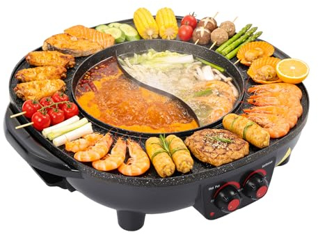 Elektrisk grill, hot pot 2 i 1, 2 000 W 3 l hot pot och bordsgrill, elektrisk med oberoende temperaturreglering, koreansk BBQ thailändsk fondue-raclette för 5–6 personer