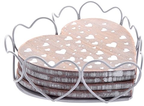 Carousel Home Love Hearts Wooden Whitewash Shabby Chic Heart Shaped Drinks Coasters with Wire Holder