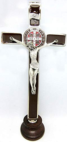 GTBITALY 10.268.11 MA Cruz de San Benito Plata sobre base de madera 20 cm marrón esmaltado a mano con medalla y caja y oración en 3 idiomas