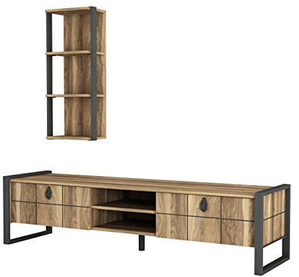 Alphamoebel 4927 Lost Wohnwand Tv Board Lowboard Regal hängend Sideboard Metallfüße, Wohnzimmer, Walnuss Braun, Wandregal Metallrahmen, 184,5 x 34 x 45 cm