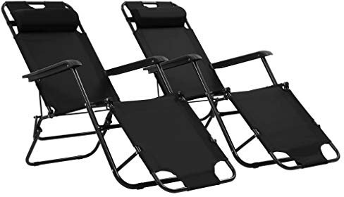Festnight 2 Stück Sonnenliegen Liegestuhl Relaxliege mit Fu?stütze Schwarz 175 x 61 x 87 cm, Klappstuhl Gartenliege Klappbar