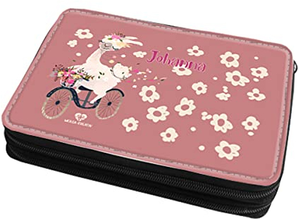 wolga-kreativ Federmäppchen gefüllte Federtasche Mäppchen Federmappe Lama Fahrrad Mäppchen Stiftemäppchen für Mädchen mit Namen personalisiert Bedruckt Schlampermäppchen