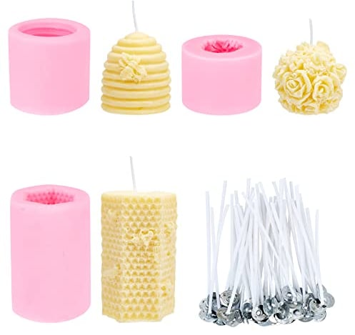 PandaHall - Juego de 3 moldes de silicona con forma de panal de abeja 3D con 50 mechas de vela y soporte de metal para hacer velas de cera de abeja casera, jabones, barras de loción