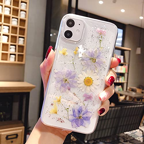 EYZUTAK Case for iPhone 11 6.1 inch, Bling Glitter Sequin Handmade Real Dried Flower Leaf Embedded Pressed Floral Flexible Soft Rubber Gel TPU Protective Bumper Back Cover - Light Blue