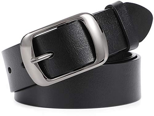 JASGOOD Women Leather Belts for Jeans Pants Fashion Dress Belt for Women with Solid Pin Buckle,Brushed Black, M, Fit waist 31-36
