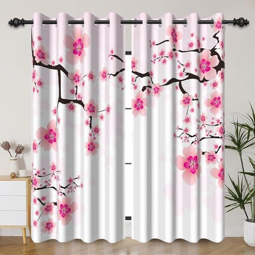 DORCEV Pink Floral Window Curtains Cherry Blossom Window Drapes Treatment Japanese Flower Tree Branches Thermal Insulated & Light Blocking Curtains for Living Room Bedroom,53x84 inch,2 Panels