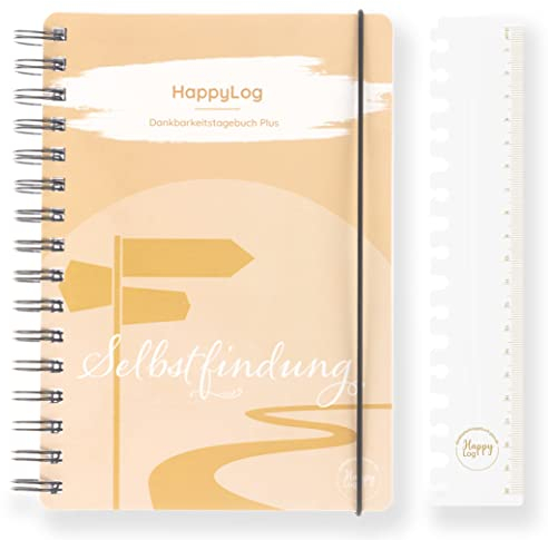 HappyLog Dankbarkeitstagebuch Plus Selbstfindung, Achtsamkeit Tagebuch für Erwachsene mit 5 Impulsen der Persönlichkeitsentwicklung & Gesundheit, pro Monat 1 Thema