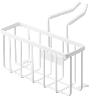 YAMAZAKI Home Faucet-Hanging Sponge Caddy Kitchen Sink Dish Soap Bottle Brush Scrubber Organizer Holder, Metal with Silicone Protection | Steel, White, One Size