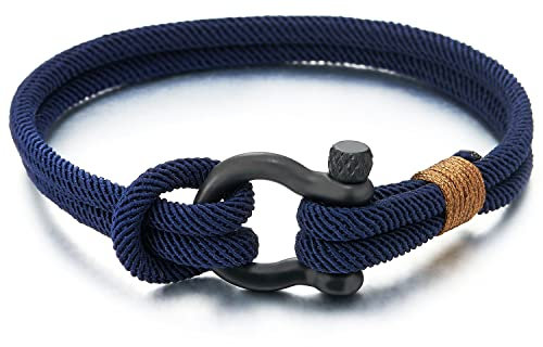 COOLSTEELANDBEYOND Bracelet Vis Manilles d'ancrage - Homme Femme - Marin Bleu Sur Cordon - Nautique Marin Envelopper Bracelet