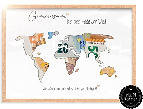 myDreamwork Hochzeitsgeschenke, Geld fertig gerahmt, Hochzeitsgeschenk – Hochzeitsgeschenke für Braut und Bräutigam, Geld – Bilderrahmen, Geldgeschenk, Weltkarte, Geldgeschenk, eindrucksvolles Gesche
