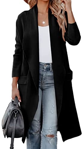 kinstell Women's Casual Long Sleeve Open Front Knit Draped Long Cardigan Jackets Sweater Coat Blazer with Pockets Black