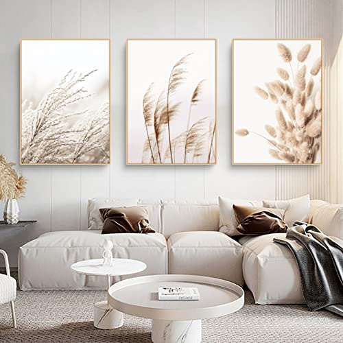 Trayosin 3er Premium Poster Set, Moderne Wandbilder,Bilder Wohnzimmer Deko Schlafzimmer,Beige Boho Pampasgras Bilder,ohne Rahmen (B,40x50cm)