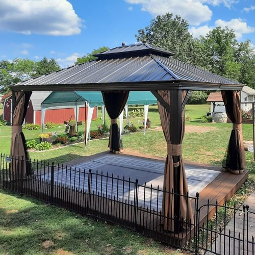 PURPLE LEAF Tonnelle de Jardin Exterieur 4,25 x 3 m Pergola Aluminium avec Moustiquaire et Rideaux Pavillon de Jardin à Double Toit Acier Galvanisé, Bronze