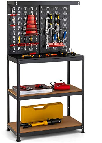 GOPLUS Werkstattregal Lagersystem, Werkbank mit Regal, Stecktafel Schüttenregal, Tischplatte & 2 unteren Regalen, 13 hängenden Zubehörteile, Werkzeughalter für Zuhause Garage Schuppen