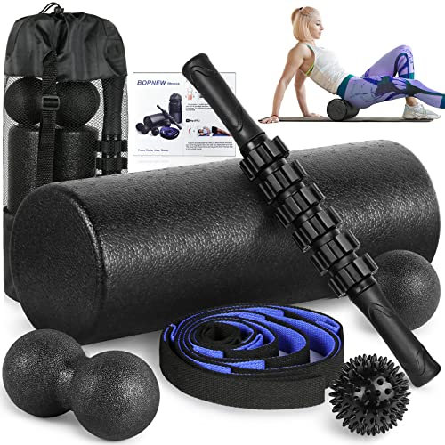 Foam Roller Set - High Density Back Roller, Muscle Roller Stick,2 Foot Fasciitis Ball, Stretching Strap, Peanut Massage Ball for Whole Body Physical Therapy & Exercise, Back Pain, Leg, Deep Tissue
