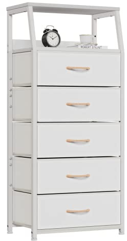 Furnulem White Dresser with 5 Drawers, Vertical Storage Tower Fabric Dresser for Bedroom, Hallway, Entryway, Nursery, Closet Organizer, Nightstand Bedside Table Furniture, Sturdy Steel Frame, Wood Top