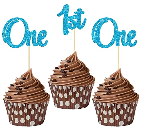 Gyufise 24Pcs 1st Birthday Cupcake Toppers Glitter One Cake Toppers First Birthday One Cupcake Picks for Baby Shower 1st Birthday Party Cake Decorations Supplies Blue (UKZN0603-1-BL)