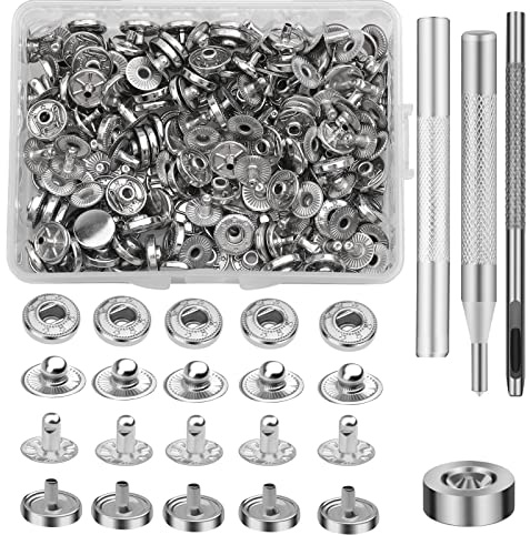 Benlay Set di 50 bottoni automatici in pelle, 10 mm, con 4 attrezzi per l'installazione, bottoni a pressione in pelle per cucire vestiti, borse e lavori fai da te (argento)
