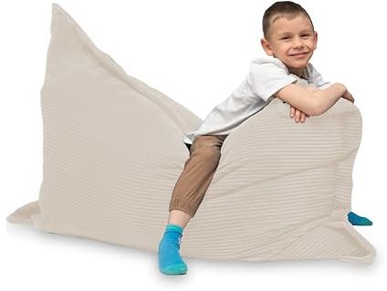 chilly pilley Sitzsack L XL XXL Cordstoff Bodenkissen Beanbag Styropor Füllung Riesensitzsack Cord-Material Sitzkissen Gartenkissen zum Liegen und Sitzen Cord 100x70 Cremefarbig