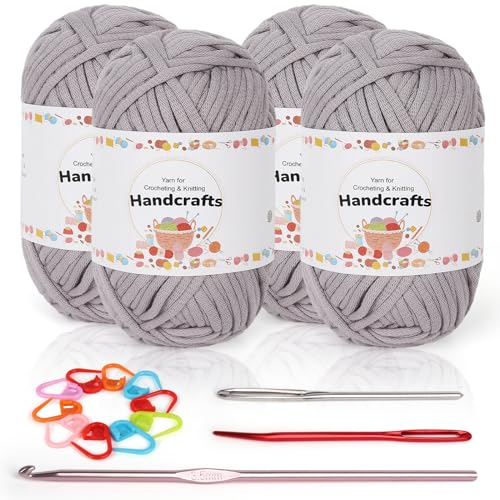 Coopay 4 Stück Einfach Garn, Häkelgarn für Anfänger, Gut Sichtbare Maschen Garn Zum Häkeln mit Häkelzubehör, Baumwoll-Nylon-Garn für Anfänger zum Häkeln und Stricken (4 X 50 g), Hellgrau