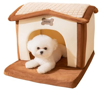 Galatée Katzenhaus, Cartoon Süßes Katzenhaus, Winter Warmes Tierheim, Warme Haustierhöhlenbett, Hundebett Waschen, Katzenhaus Mit Kissenverlängerung(S, Braun)