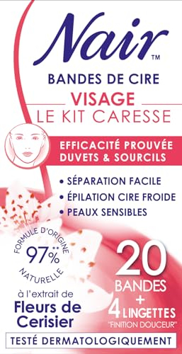 NAIR Kit Caresse - Bandes de Cire Froide Visage, Faciles à Séparer & Adaptées aux Peaux Sensibles, Formule 97% d'Origine Naturelle à l'Extrait de Fleurs de Cerisier, 20 Bandes de Cire