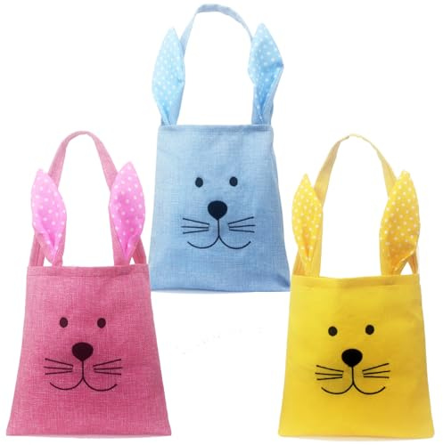 3-Pack Osterhasen Stofftaschen für Kinder leer, Kaninchen Ohren Design Jute Tuch Tote Taschen für Kinder Eier Jagd, Kaninchen Ohren Design Jute Tuch Tote Taschen für Eier Jagd
