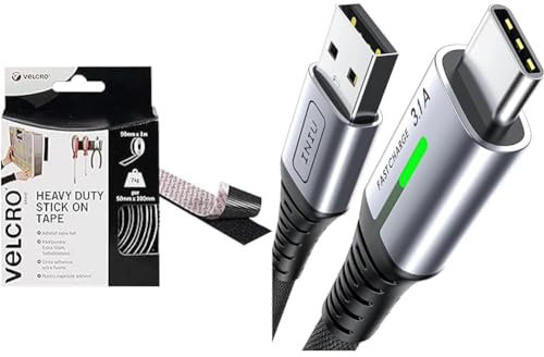 VELCRO VEL-EC60241, Cinta adhesiva extra fuerte, 50mm x 1m, Negro & INIU Cable USB Type-C, cable USB C [2M] 3,1A QC 3,0 Tipo C Cable Type C Rapida