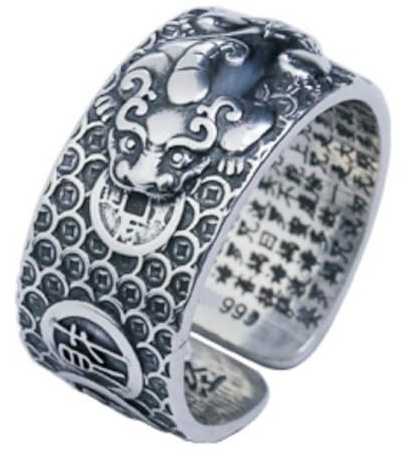 Gu Feng Vintage Silver Pixiu Heart Sutra Ring Open Male Personality