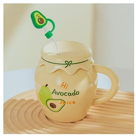SUREK Juego de taza de café portátil linda taza de té de cerámica con tapa y pajita taza de popote de oficina creativa con asa reutilizable 550 ml / 28 oz hogar hermoso