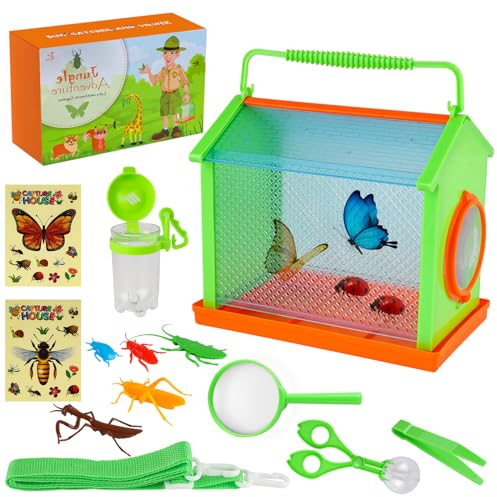 Bubuny Insekt Viewer Box, Forscherset Outdoor Insekten für Kinder, Lupe Insekten Sammelbox, Outdoor Exploration Spielzeug mit Insektenfänger, Becherlupe, Pinzetten, Pfeife mit Kompass