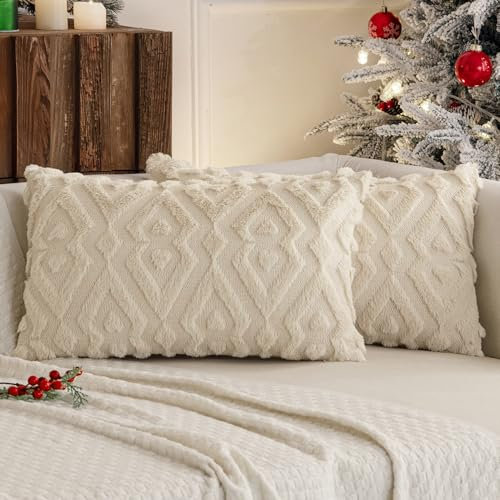 MIULEE 2er Set Weihnachten Wolle Kissenbezüge Weicher Dekokissen Plüsch Kissenbezug Boho Deko Kissen Sofa Aesthetic Geometrische Sofakissen Zierkissenbezug für Wohnzimmer Schlafzimmer Beige 40x60cm