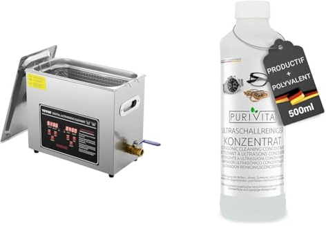 VEVOR Nettoyeur à Ultrasons 6L en Acier Inoxydable Bac Ultrasons Numérique avec Chauffage Temps & PURIVITA - Concentré de Nettoyant liquide pour produits ultrason - Multi-usages - Nettoyeur Bijoux