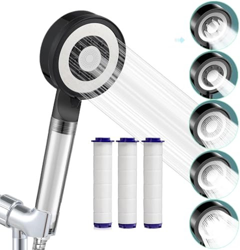 Pommeau De Douche, Douchette Douche Salle De Bain Avec Filtre, Pommeau de Douche Economie Deau, Pommeau Douche Anti Calcaire Haute Pression 360, Avec 3 Filtres en Coton PP (Noir-HWS-GPH3)